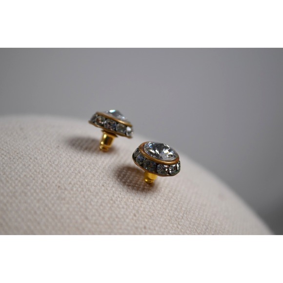 Silver Toned Metal Pierced Stud Earrings with Clear Rhinestones 1.5" - Picture 15 of 16